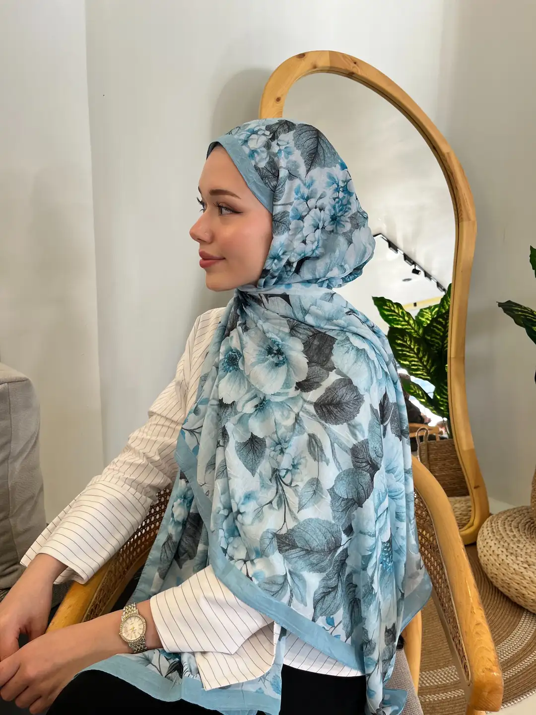 Ürün görseli: Peony Desen Pamuk Kraş Şal - Bebe mavi