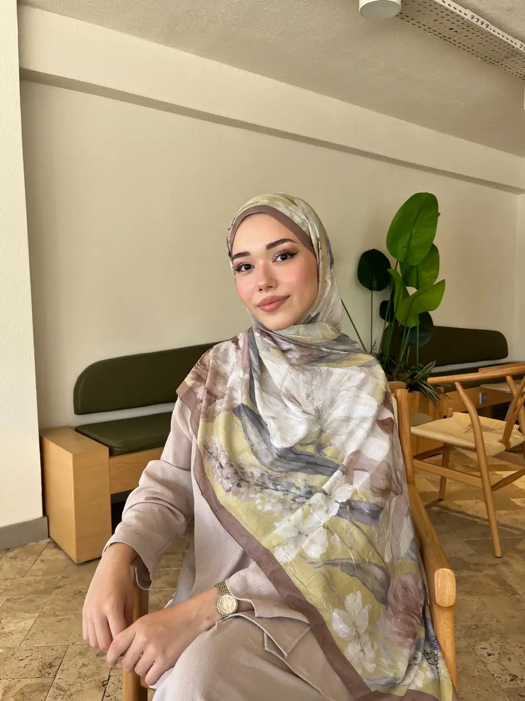Ürün görseli: Açelya Desen Pamuk Kraş Şal - Kahve/Adaçayı