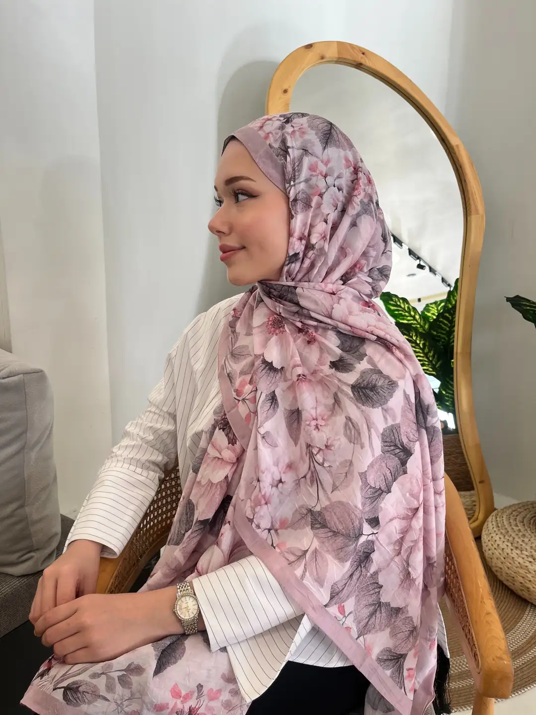 Ürün görseli: Peony Desen Pamuk Kraş Şal - Pembe