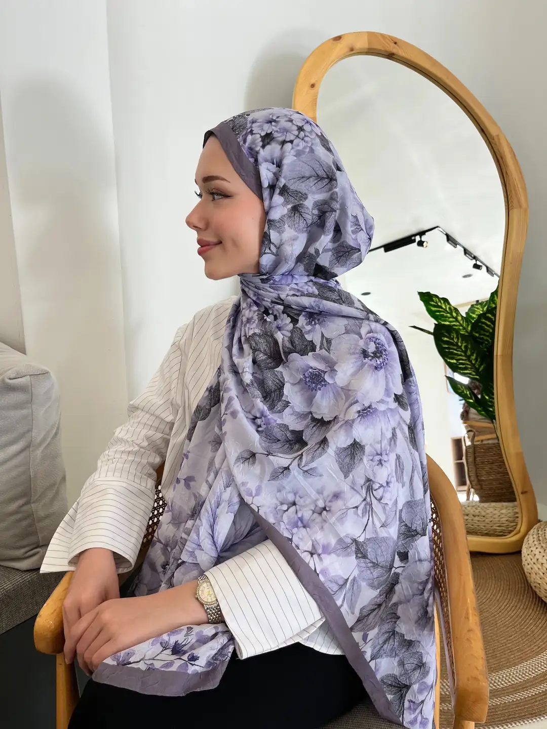 Ürün görseli: Peony Desen Pamuk Kraş Şal - Lila