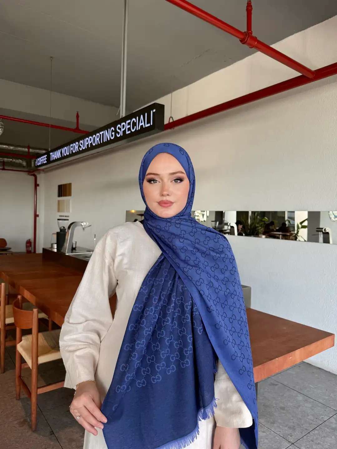 Ürün görseli: G Desen Yün İpek Şal - Saks mavi