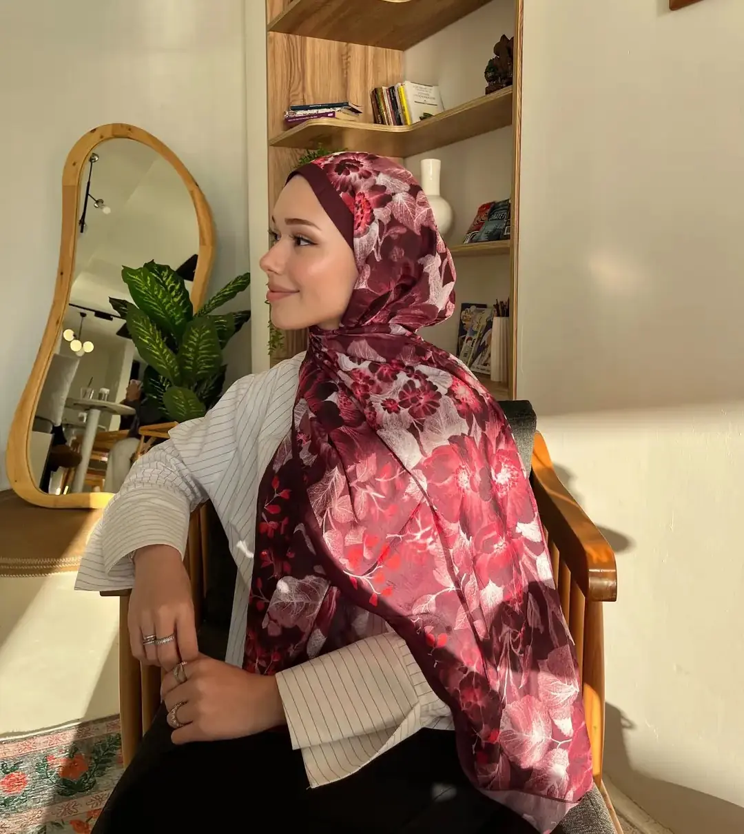 Ürün görseli: Peony Desen Pamuk Kraş Şal - Bordo